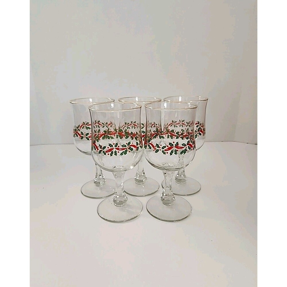 LOT OF 5 LIBBEY HOLLY BERRY STEMMED 7" TALL CORDIAL GLASSES WITH GOLD RIM